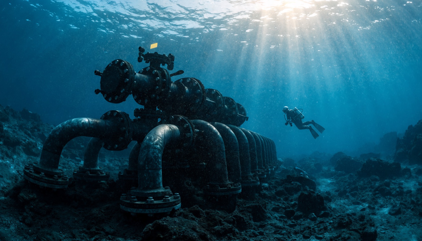 Diver inspecting a subsea manifold marked with a bright yellow Aquasign identification marker